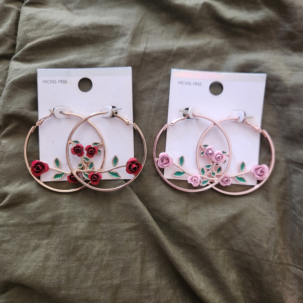 Rose Hoop Earrings - Pink and Red